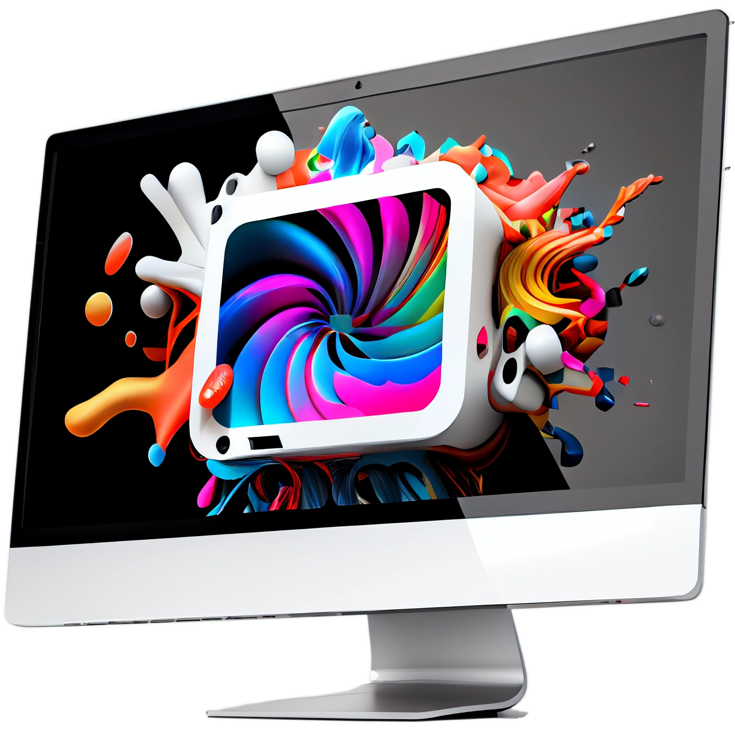 3D render of computer with abstract art coming out of the screen